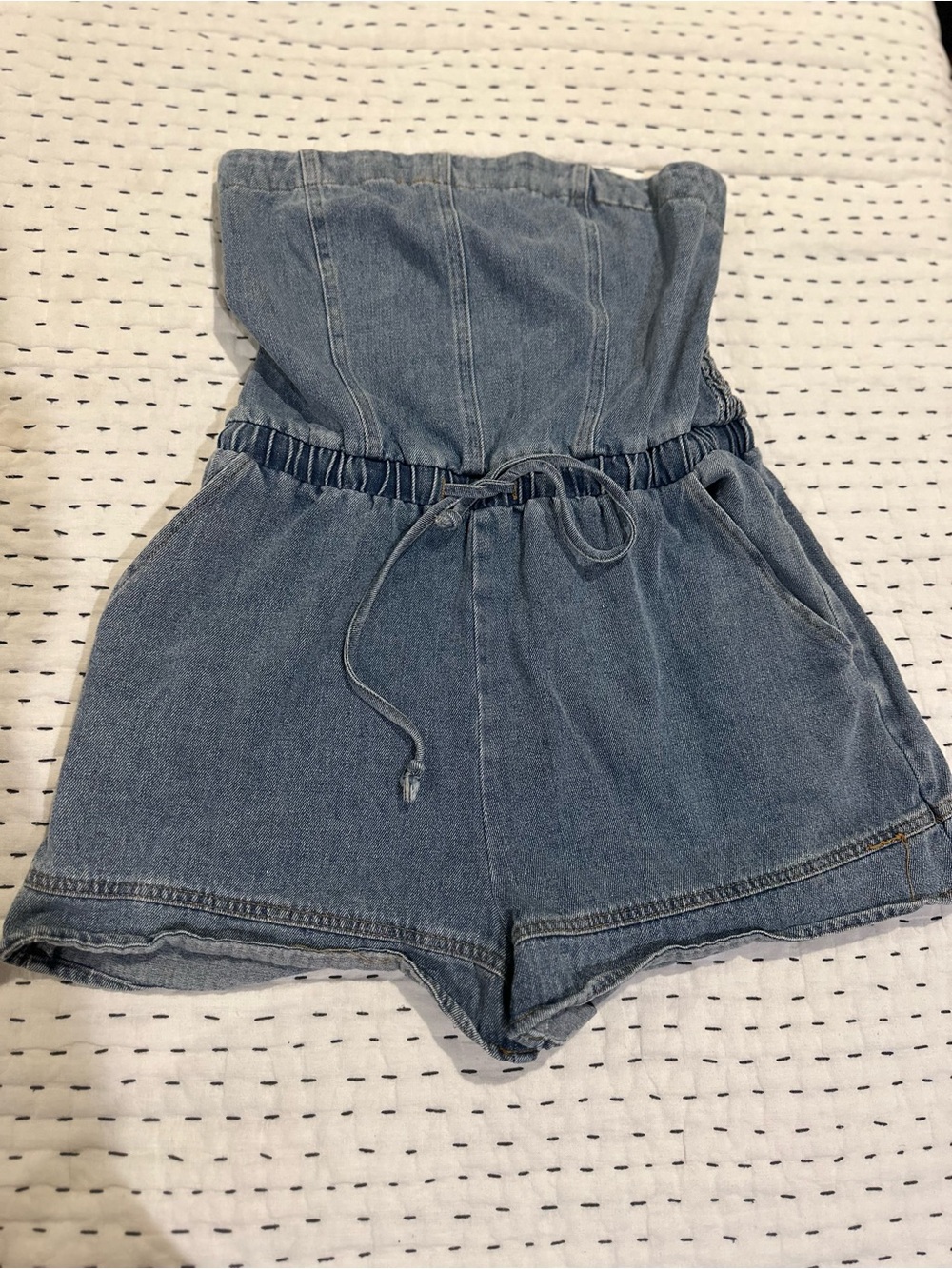 Papermoon Light Blue Strapless Denim Romper Shorts